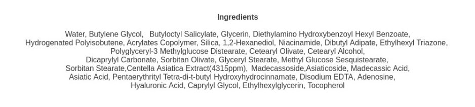 Ingredients of Purito Centella Unscented Sunscreen
